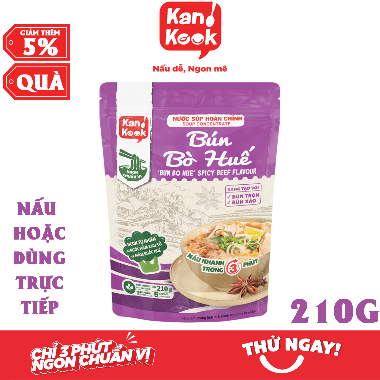 Nước Xốt (Sốt) Cô Đặc Vị Bún Bò Huế KanKook Gói 210g Nấu/Trộn Ăn Liền Vị Hoàn Chỉnh Chuẩn Vị Bún Bò Huế