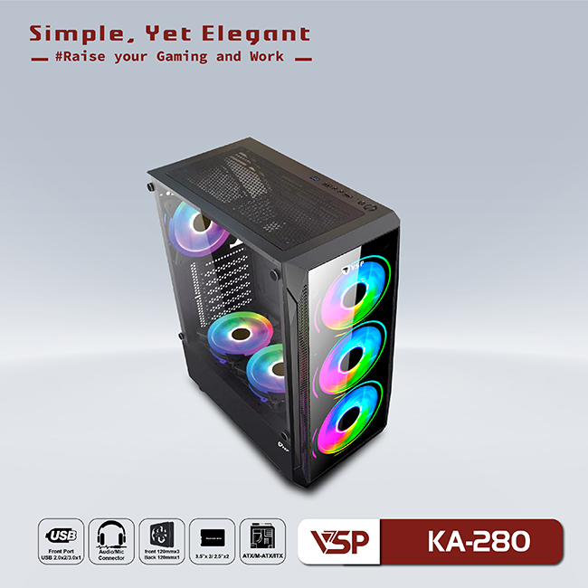 Vỏ máy tính Case VSP KA 280 (ATX/Mini ATX/Micro ATX) (không FAN) Gaming Kính cường lực - Hàng chính hãng Tech Vision phân phối