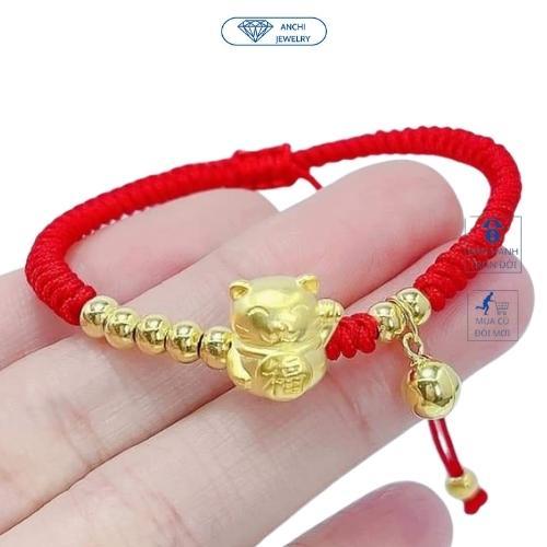 Vòng tay dây bện chỉ đỏ charm hổ( mèo thần tài) bạc ta mạ vàng may mắn, Anchi jewelry