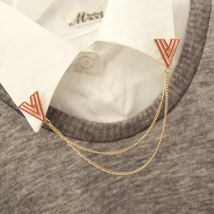 2pcs Shirt Collar Hollow Triangle Chain Jewelry Pin Brooch Brooch