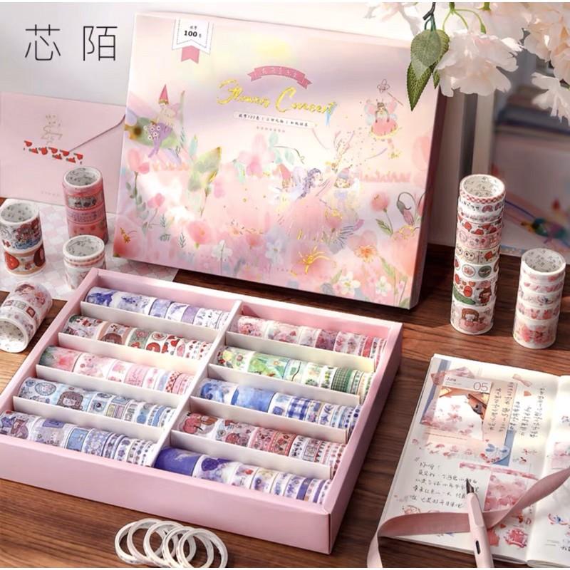 Hộp 100 cuộn washi tape dễ thương