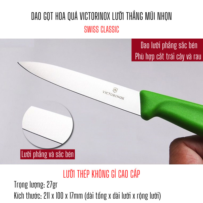 Dụng Cụ Gọt Củ Quả Lưỡi Thẳng 10cm Thép Không Gỉ Cao Cấp VICTORINOX Cán Nhựa Nhiều Màu