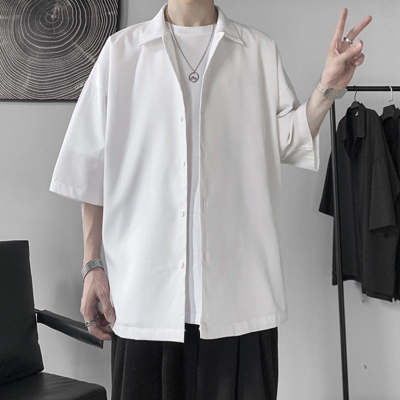 Áo Sơ Mi Tay Ngắn Dáng Rộng Màu Trơn Cổ Bẻ Phong Cách Harajuku Thời Trang Cho Nam Faruiline FARU019