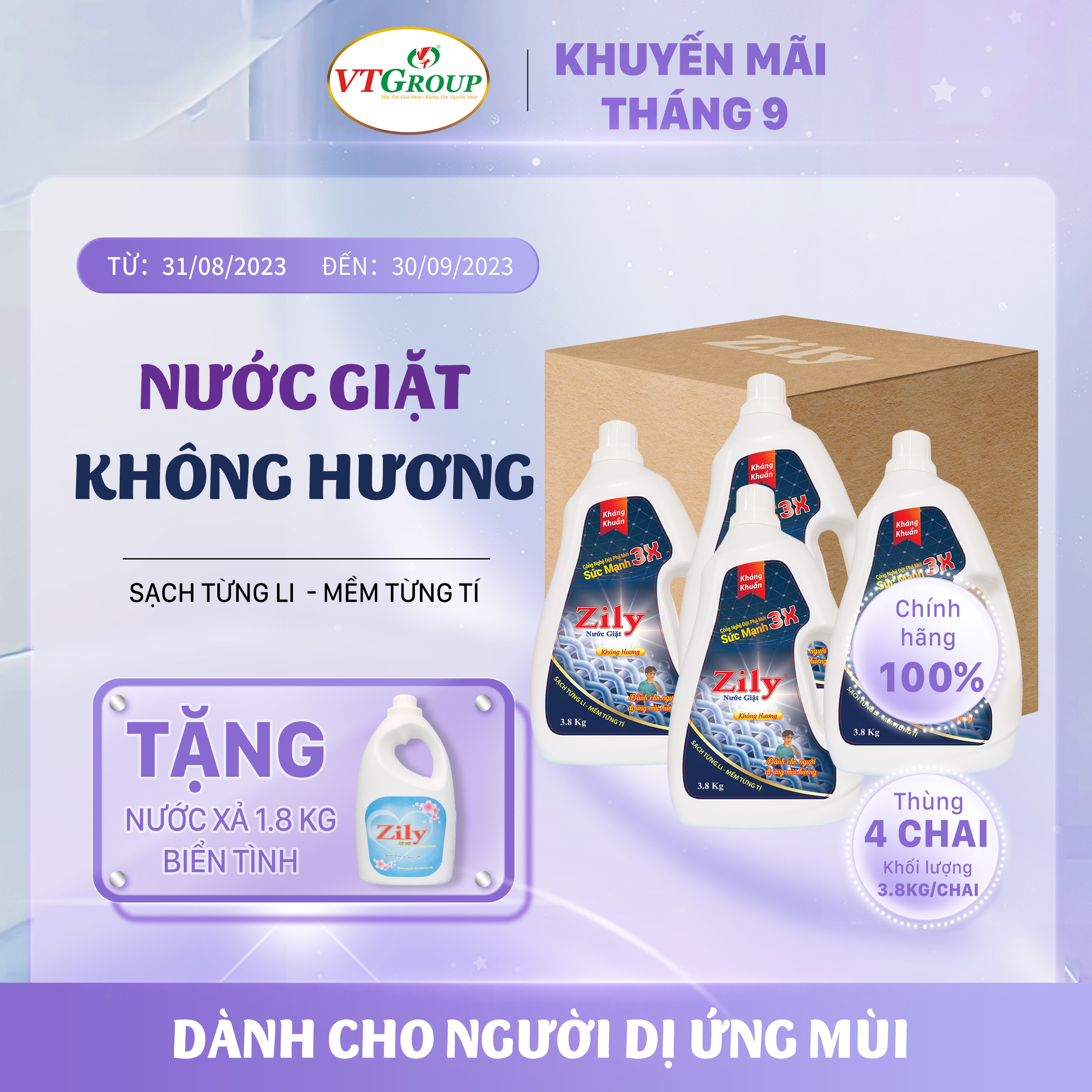 Nước Giặt Zily Không Hương 3.8 Kg (4 Chai/thùng) - Tặng 1 chai xịt thơm &amp; làm phẳng quần áo Zily 300g