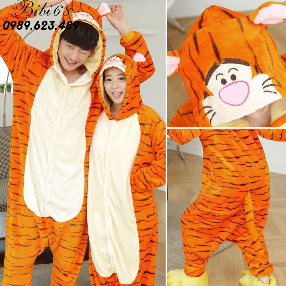 Bộ Đồ ngủ hình thú hổ vằn liền thân lông mịn Pijama dành Cho Người Lớn và Trẻ Em kiểu dáng Động Vật Hoạt Hình Cosplay
