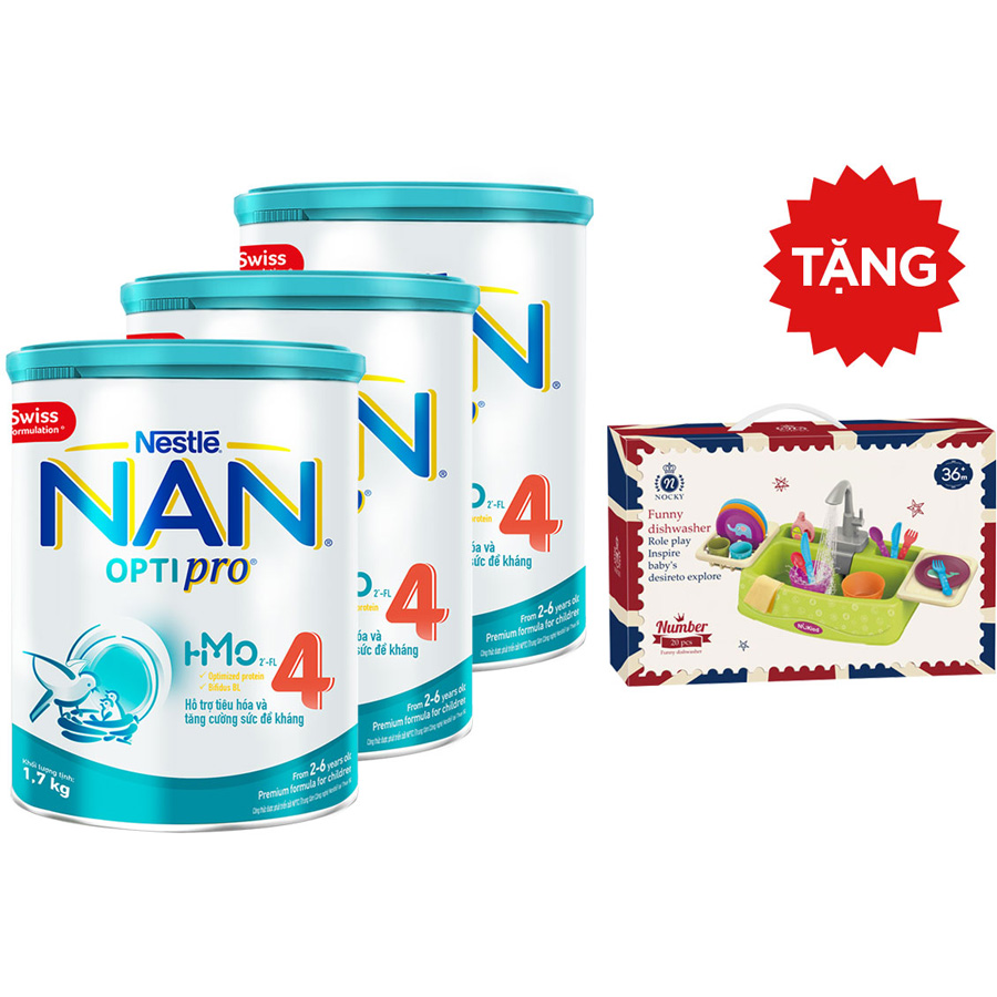 Combo 3 lon NAN OPTIPRO 4 1.7kg + Tặng Bộ đồ chơi rửa chén