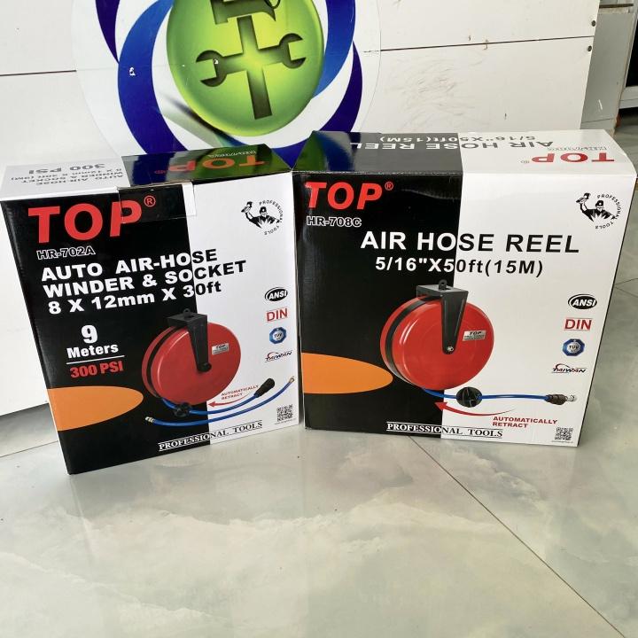 Cuộn dây hơi treo tự rút 9m TOP HR-702A ống 8mm x 12mm HỘP SẮT