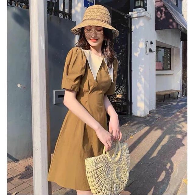 Đầm thiết kế 2021 cổ cách tân phối tay xếp nếp, Hàng Cao Cấp