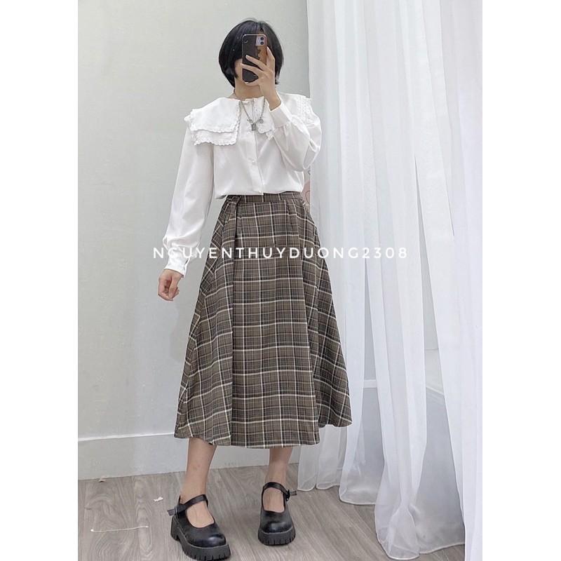 Chân váy kẻ caro dáng dài vintage/Chân váy dài xoè Ulzzang style