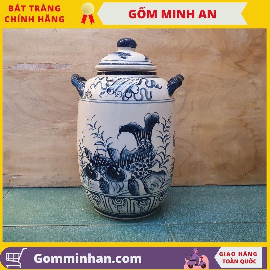 Hũ đựng gạo vẽ sen cá gốm Minh An Bát Tràng dung tích 10l đựng 8kg gạo