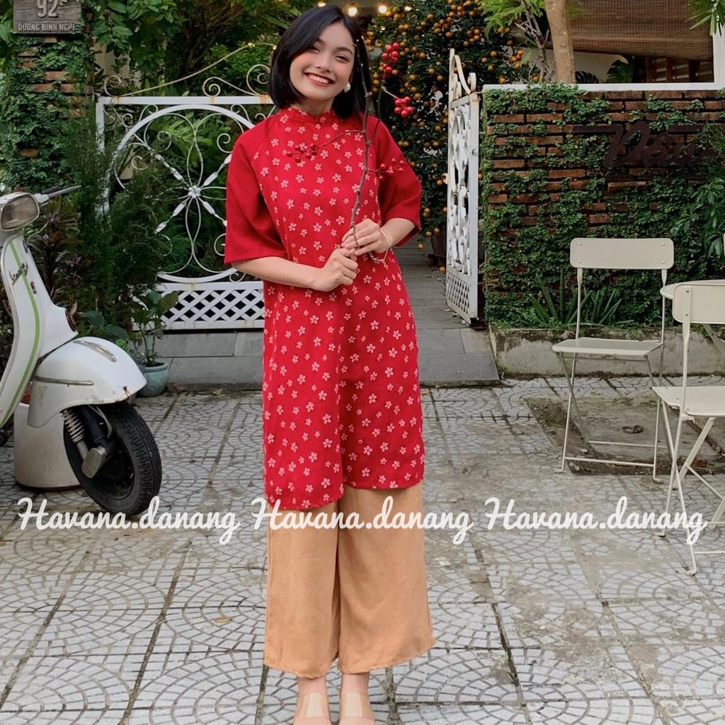 Áo dài cách tân họa tiết, áo dài nhung tăm dáng suông tay lửng