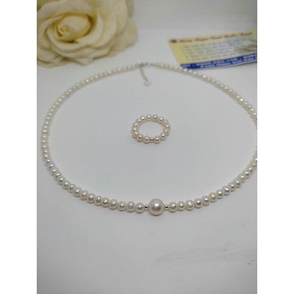 Bộ Chuỗi Đeo Cổ Choker Và Nhẫn Ngọc Trai Nước Ngọt 3ly Mix Bi Bạc Ta Trắng, Bộ Ngọc Trai Thật Sang Trọng - Trường Thịnh Ngọc Trai