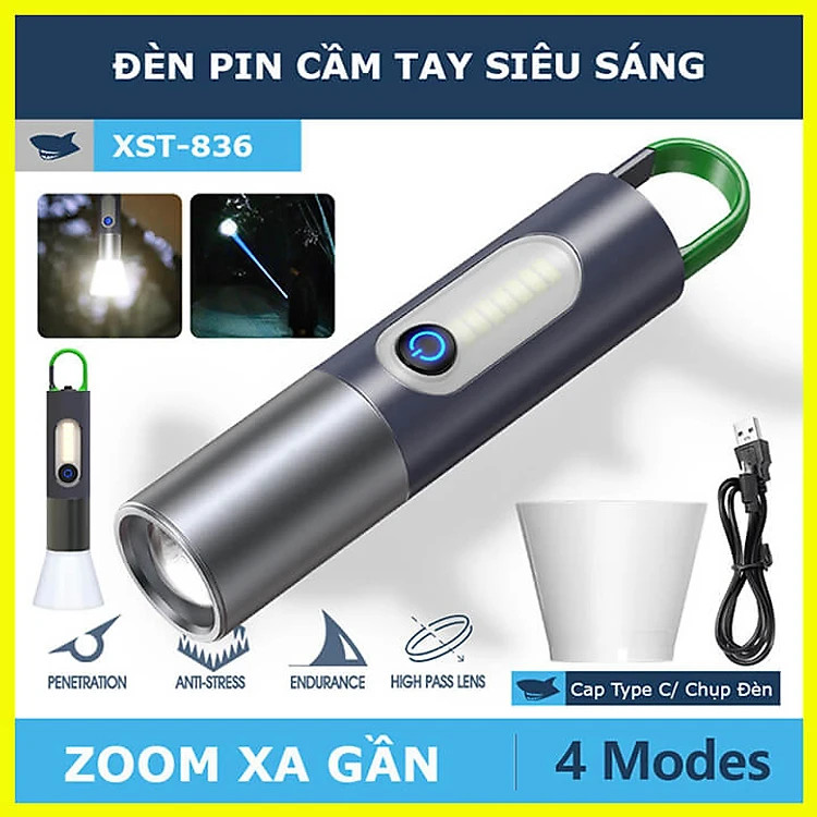 Đèn pin cầm tay siêu sáng chiếu xa 200m Zoom xa gần, Đèn pin Led cầm tay có móc treo, pin trâu, chống thấm nước IPX4-XST836 - Hàng chính hãng