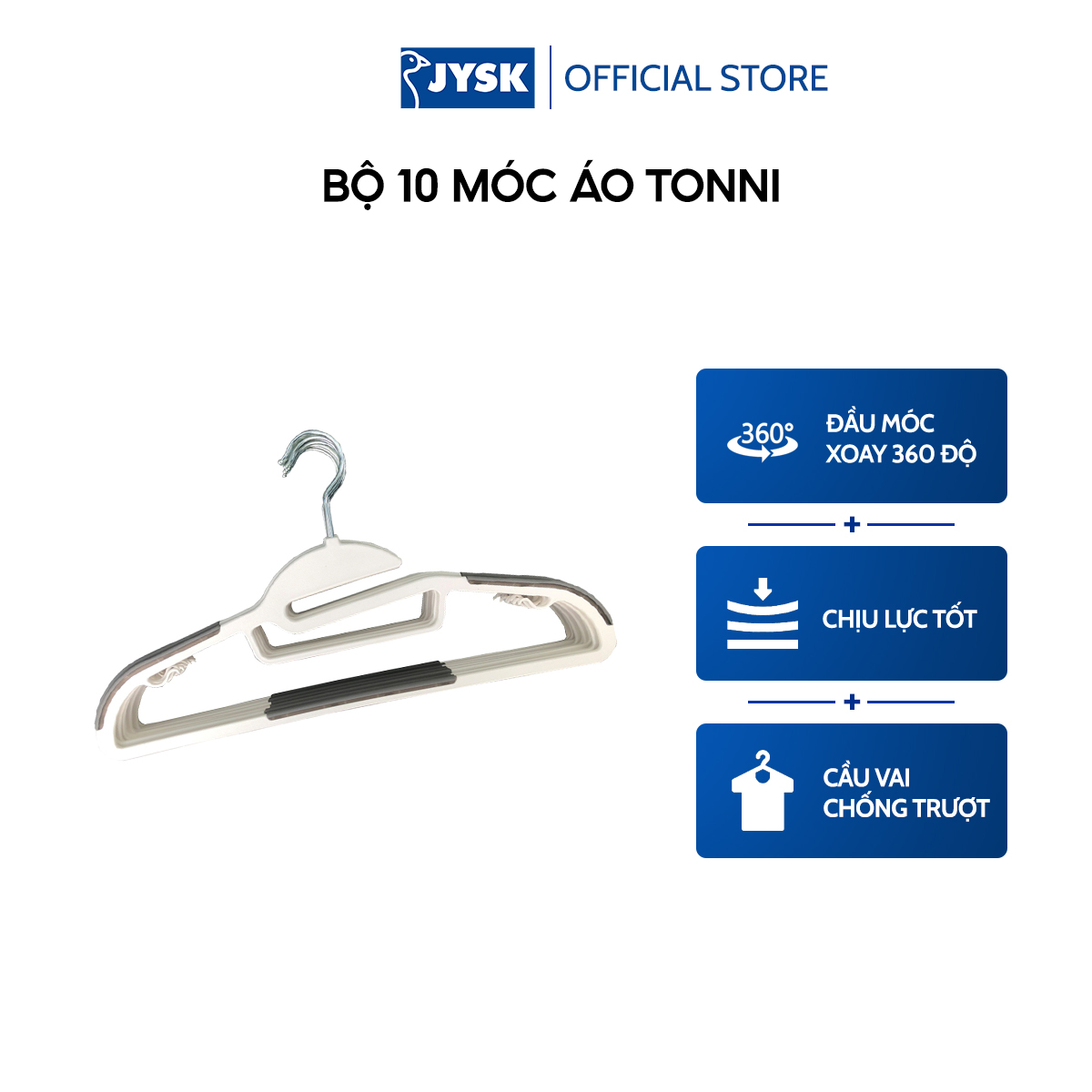 Bộ 10 móc áo JYSK Tonni nhựa màu xám trắng 41.5x23x0.6cm