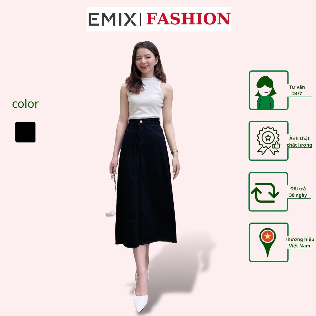 Chân váy bò basic EMIX (màu đen), midi, dáng dài, cạp cao, chữ A, có túi, vải jeans co giãn tốt, ít bai xù, CV46