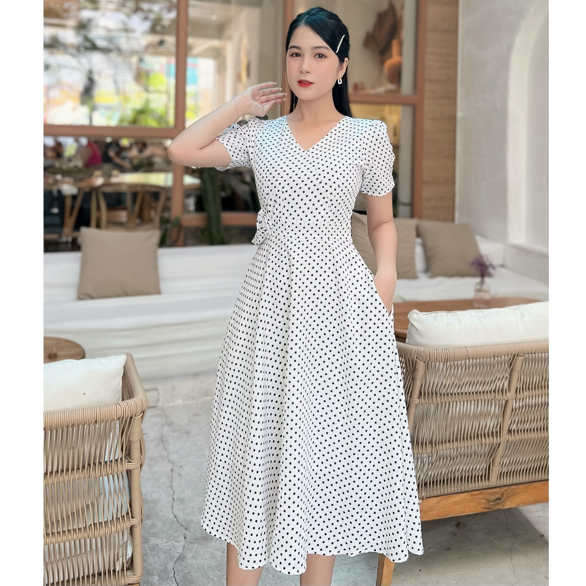 Đầm xòe chấm bi phối hoa dễ thương D086 - Khánh Linh Style- Ladyfashion