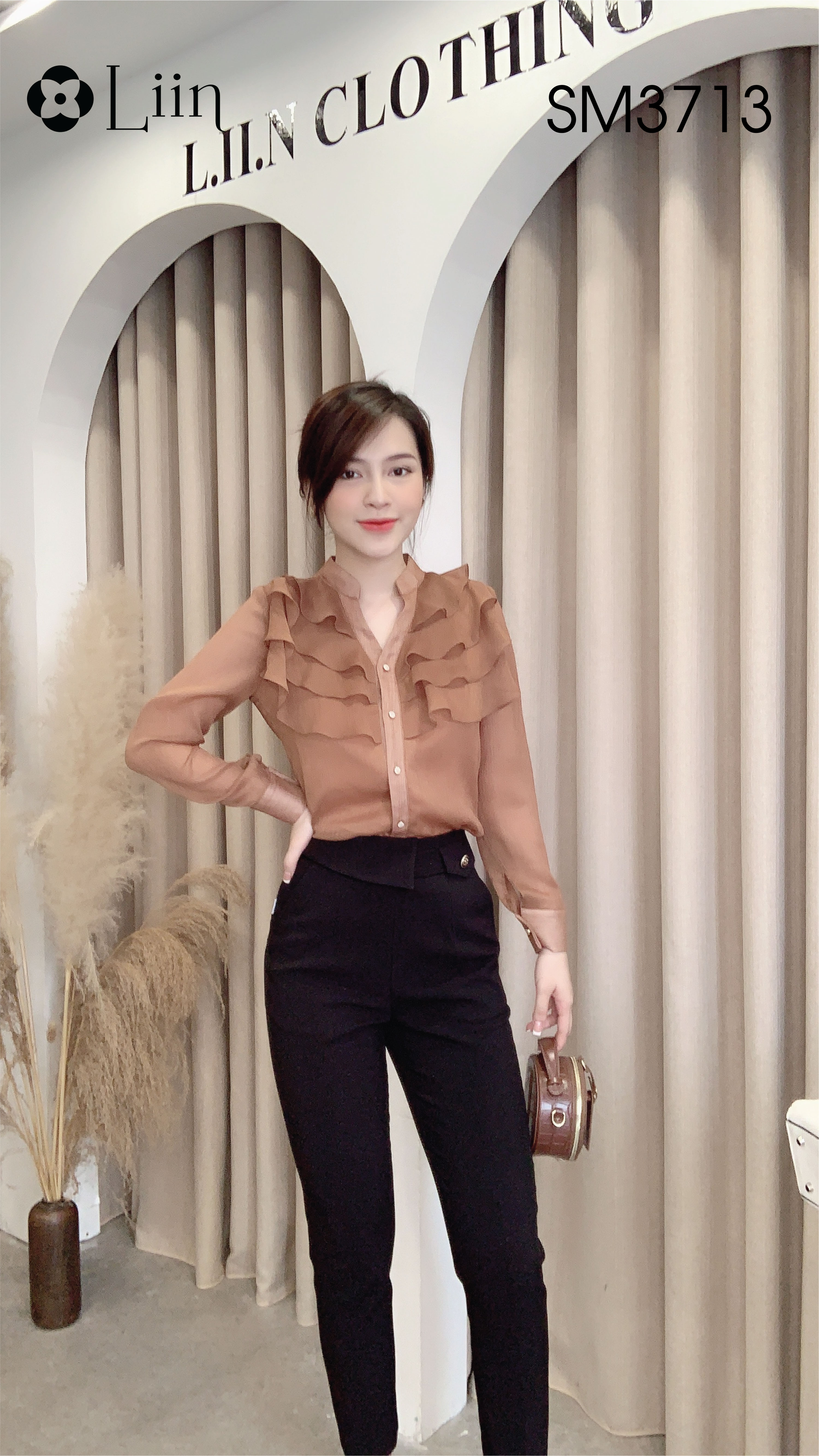 Áo sơ mi dài tay màu nâu mix cổ tàu cách điệu bèo tầng xinh xắn LINBI SM3713