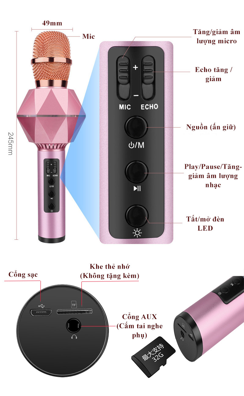 Micro không dây kèm loa Bluetooth PKCB K7 plus ROSE Âm thanh chất lượng Nhập khẩu cao cấp PF156