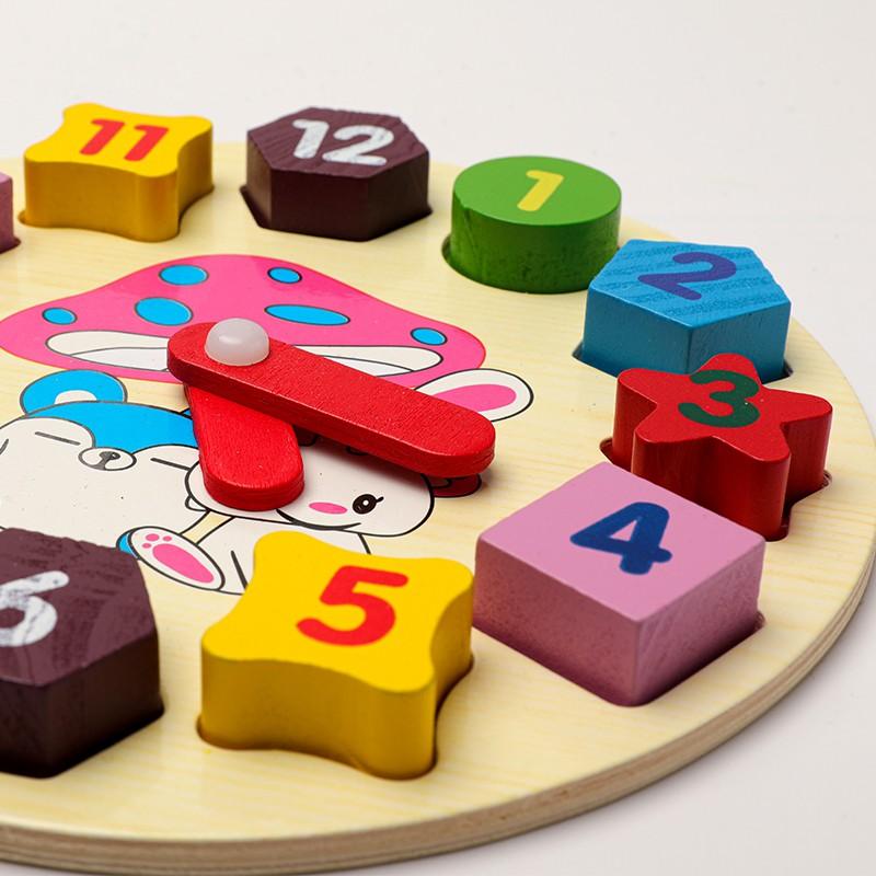 Đồ chơi đồng hồ số hình khối bằng gỗ giúp bé phân biệt hình khối, máu sắc, cách xem giờ