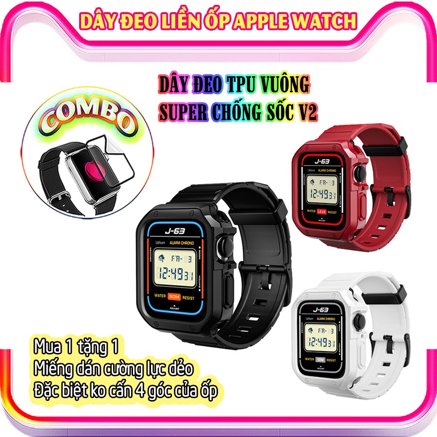 Dây Đeo khung ốp rời dành cho Apple Watch size 38/40/42/44mm TPU vuông SUPPER chống sốc V2 - Đỏ (tặng dán KCL theo size)