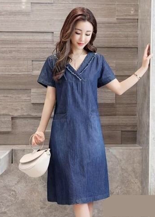 Đầm Jean Nữ Cổ Tim Túi Giả