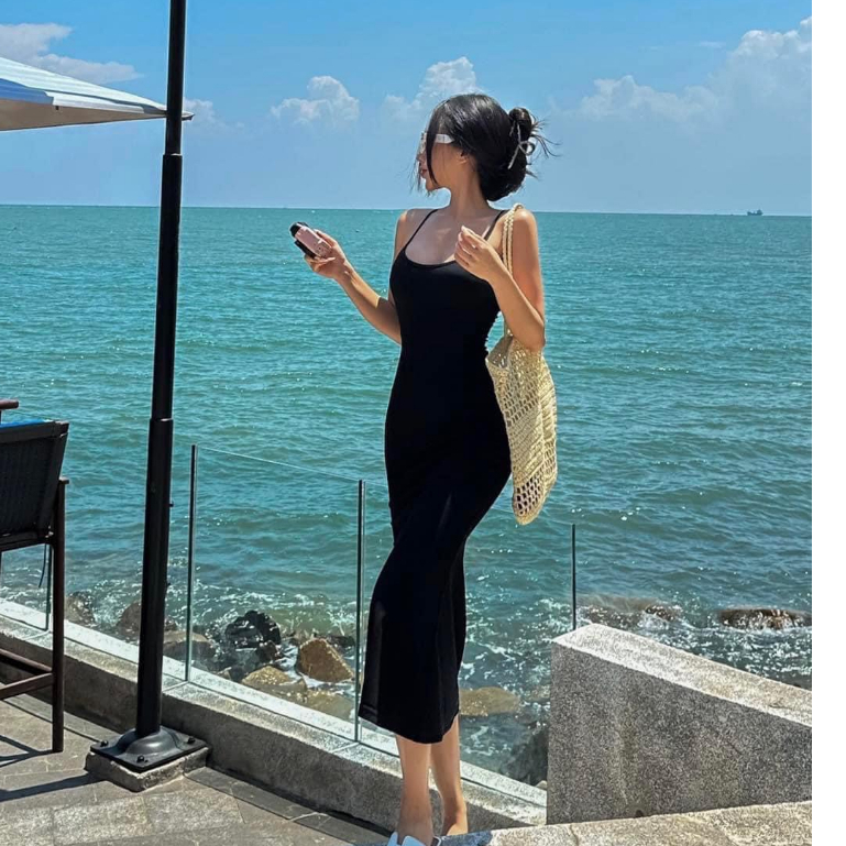 Đầm 2 dây body maxi đi biển hở lưng, váy nữ đuôi cá đan lưng