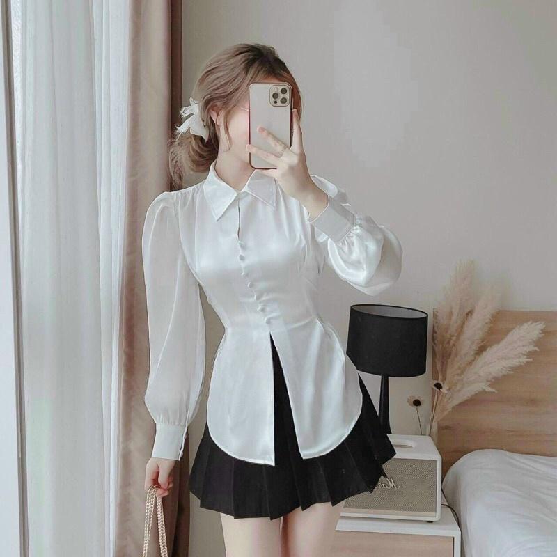 SÉT ÁO SƠ MI CÁCH ĐIỆU CỘT NƠ SAU LƯNG PHỐI CHÂN VÁY XÒE DẬP LY