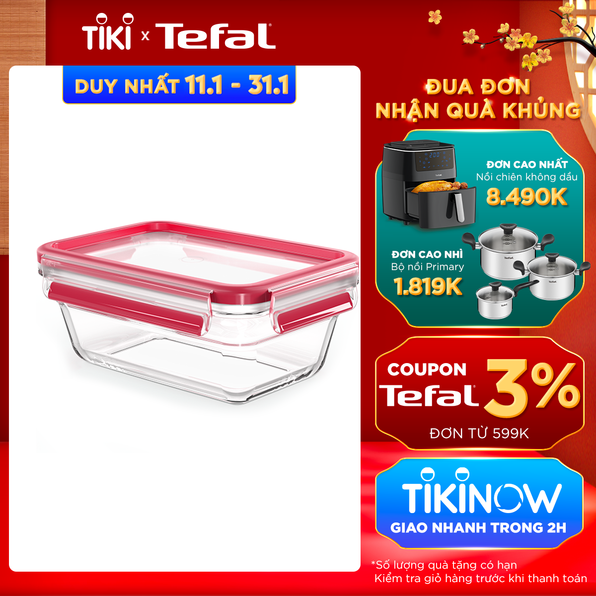 Hộp bảo quản thực phẩm thủy tinh Tefal Masterseal Glass 850ml - Hàng chính hãng