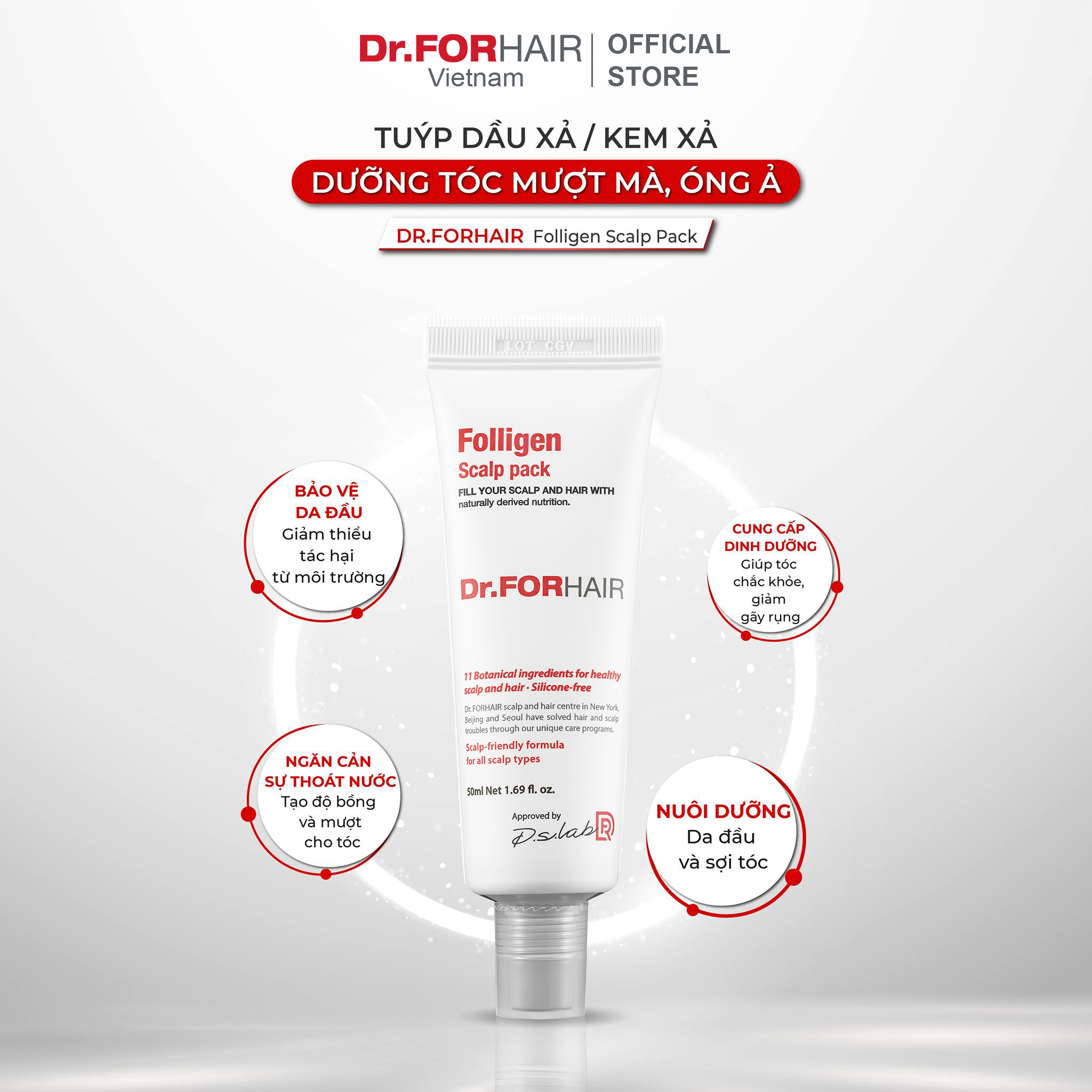 Bộ muối tẩy tế bào chết da đầu và dầu xả dưỡng tóc Dr.FORHAIR Folligen Scalp Pack 50ml và Sea Salt Scaler 50g