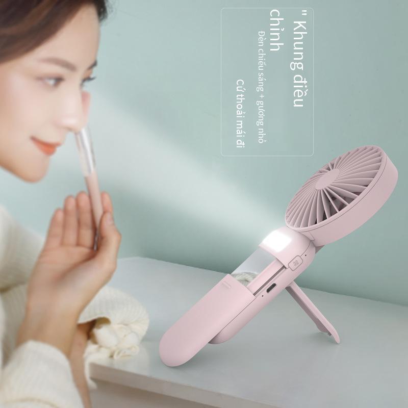 Phong cách mới nhất của quạt gương nhỏ mới giá đỡ cầm tay ngoài trời di động sử dụng kép đi kèm với đèn chiếu sáng quạt đa chức năng dễ thương