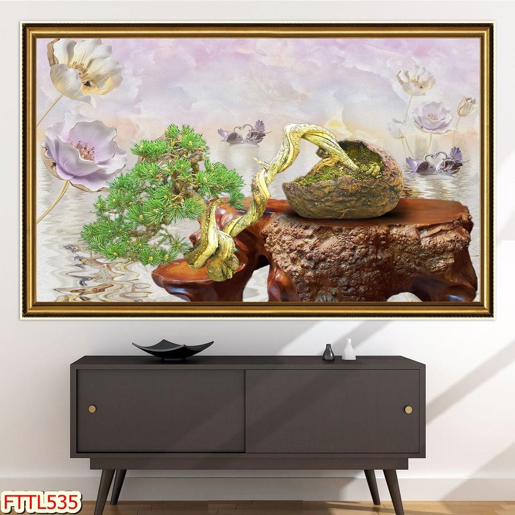 Tranh dán tường Tranh tết 2021 Tranh thư pháp Chậu Bonsai - hoa mai 3, Tranh dán tường 3d hiện đại