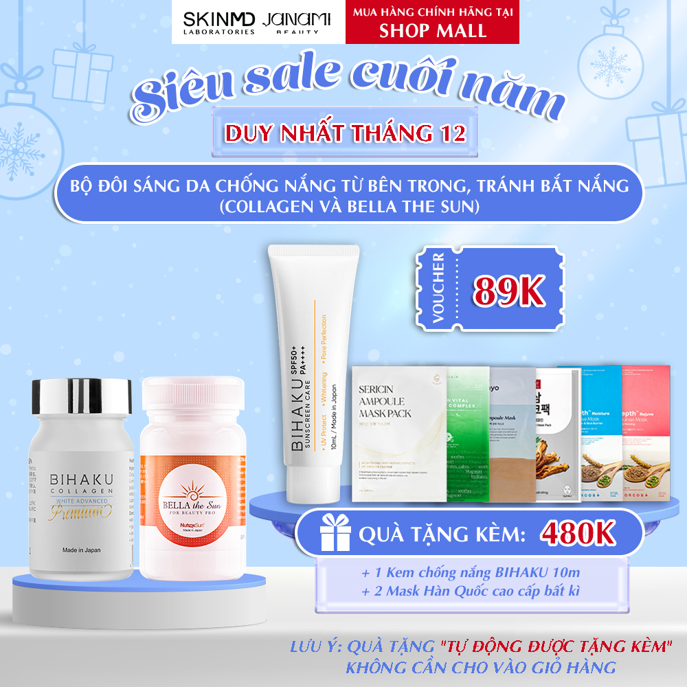 bộ đôi ngừa sạm nám trắng da BIHAKU PREMIUM COLLAGEN hộp 30v và BELLA THE SUN hộp 30v chống lão hóa mờ đốm sắc tố, căng da dưỡng ẩm, chống nắng nội sinh