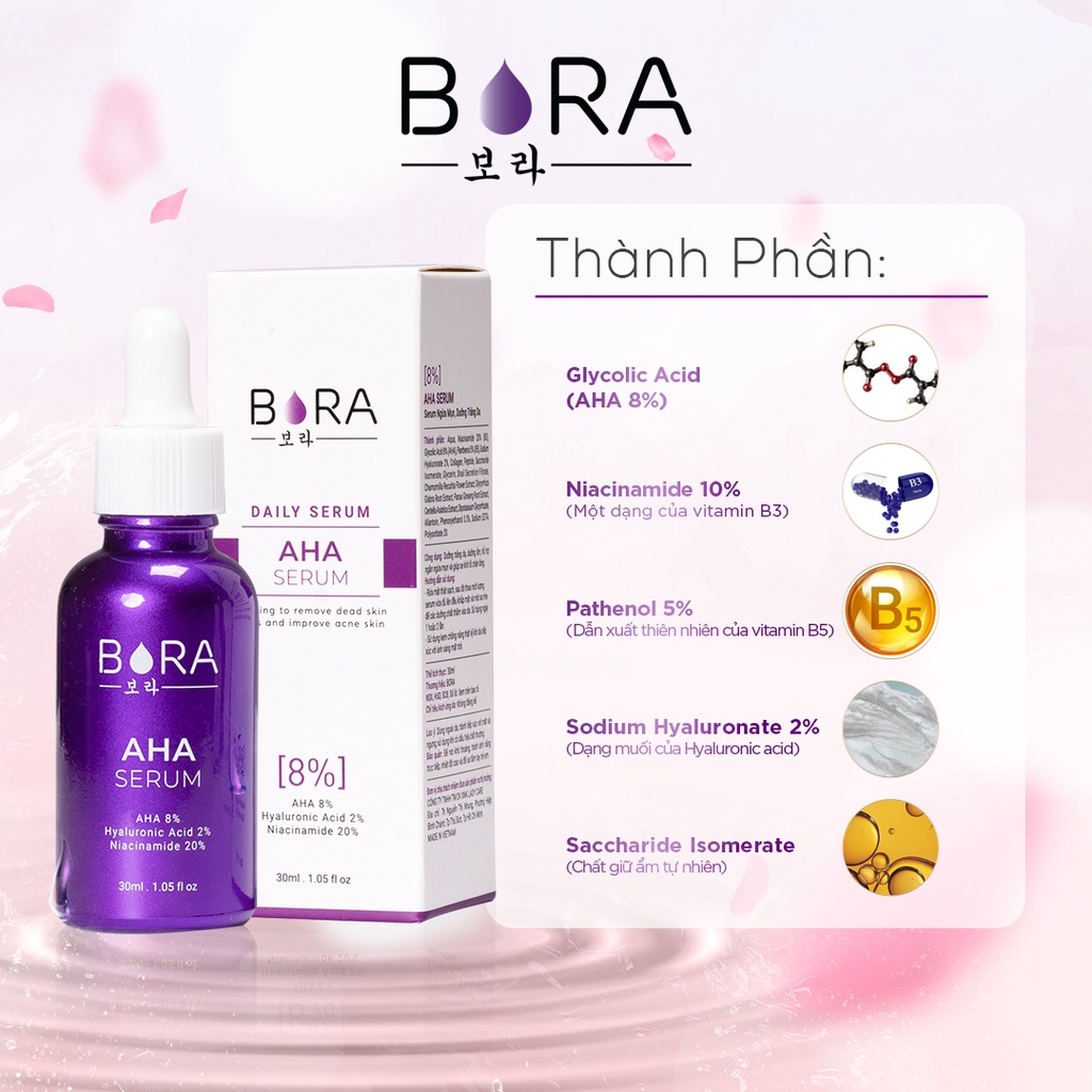 Tinh chất tẩy tế bào chết, cấp ẩm và làm sáng da Bora AHA 8% lọ 30ml