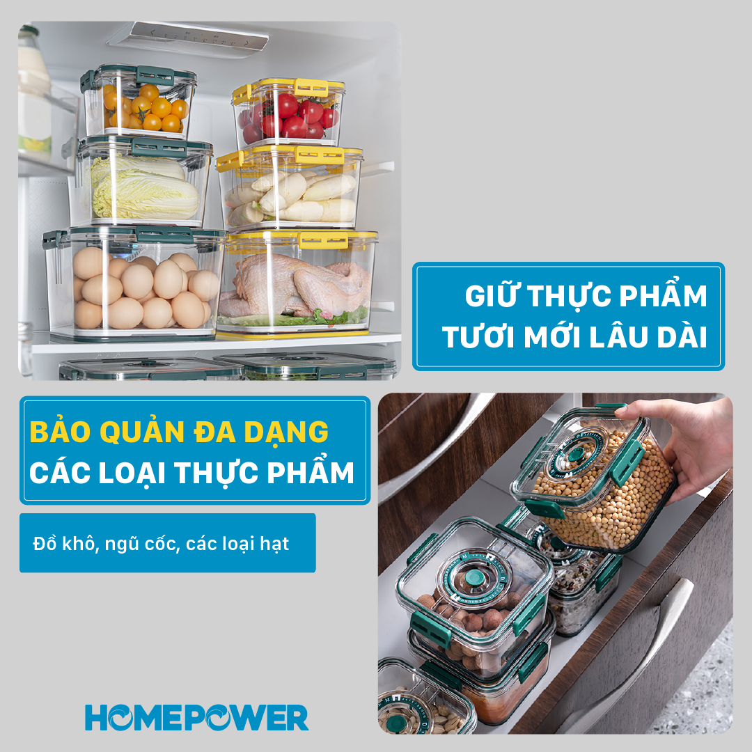 Hộp đựng thực phẩm tủ lạnh, bảo quản đồ ăn rau củ trái cây Homepower 1L/2.5L/5L có lót đáy ráo nước, van thoát khí PET cao cấp