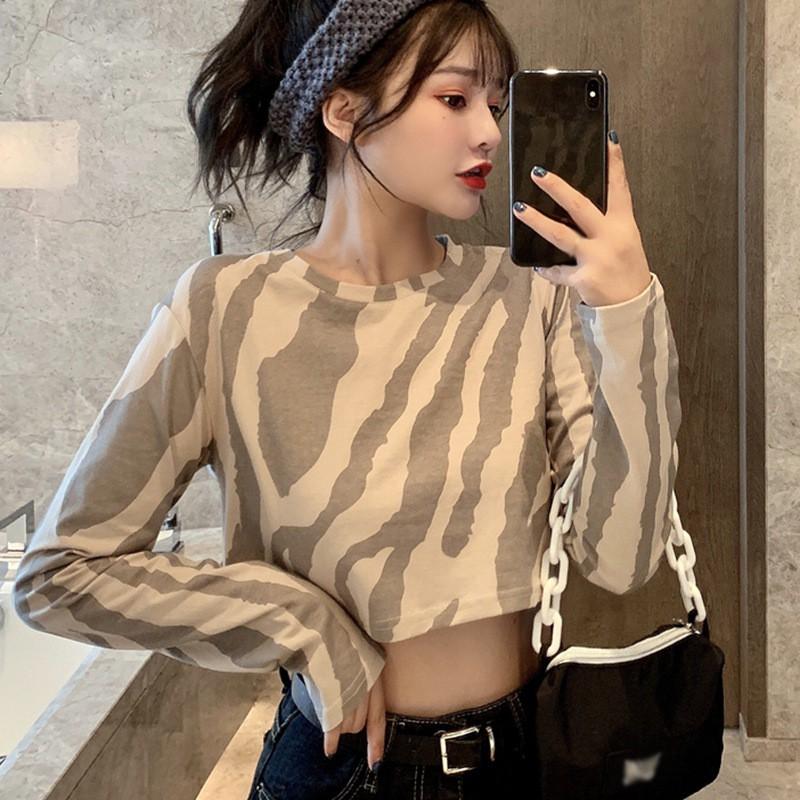 Áo crop top thời trang cho phái nữ tay dàI dáng rộng họa tiết sọc ngựa vằn