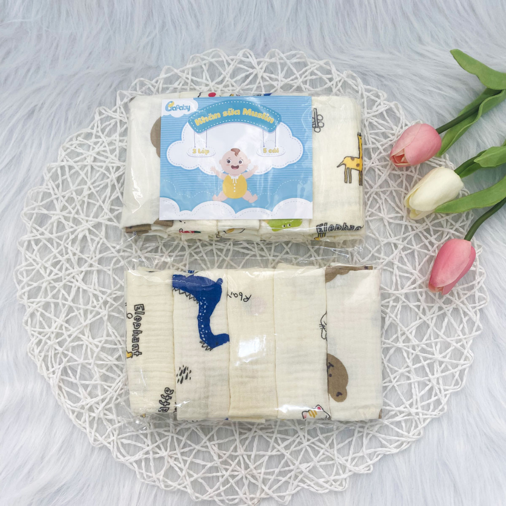 Combo Khăn Sữa Cho Bé Khăn Xô Muslin 2 4 Lớp Siêu Thấm Hút Họa Tiết Cute An Toàn Da Bé - 330C