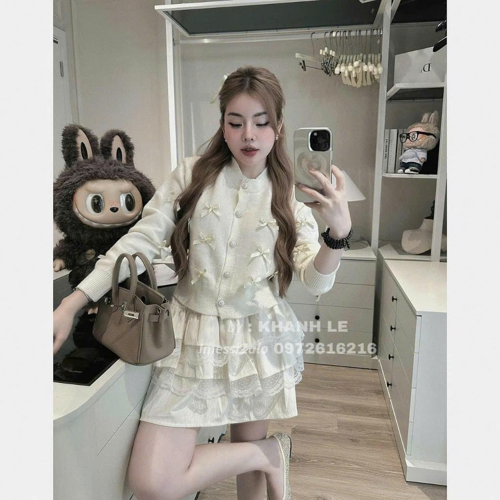 Set áo len lông thỏ đính nơ mix chân váy bèo tầng viền ren 206 HH Bộ áo cardigan phối váy tầng coquette Hàn MOONYHANOI BY JOLIE