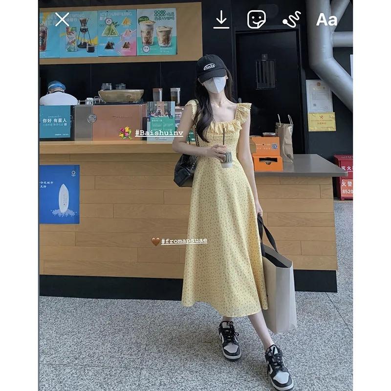 TOBE1SHOP Trà nghỉ kiểu Pháp cổ vuông tay áo nhỏ màu vàng hoa đầm nhỏ thắt lưng lộ vẻ gầy mùa hè váy dài đến mắt cá chân