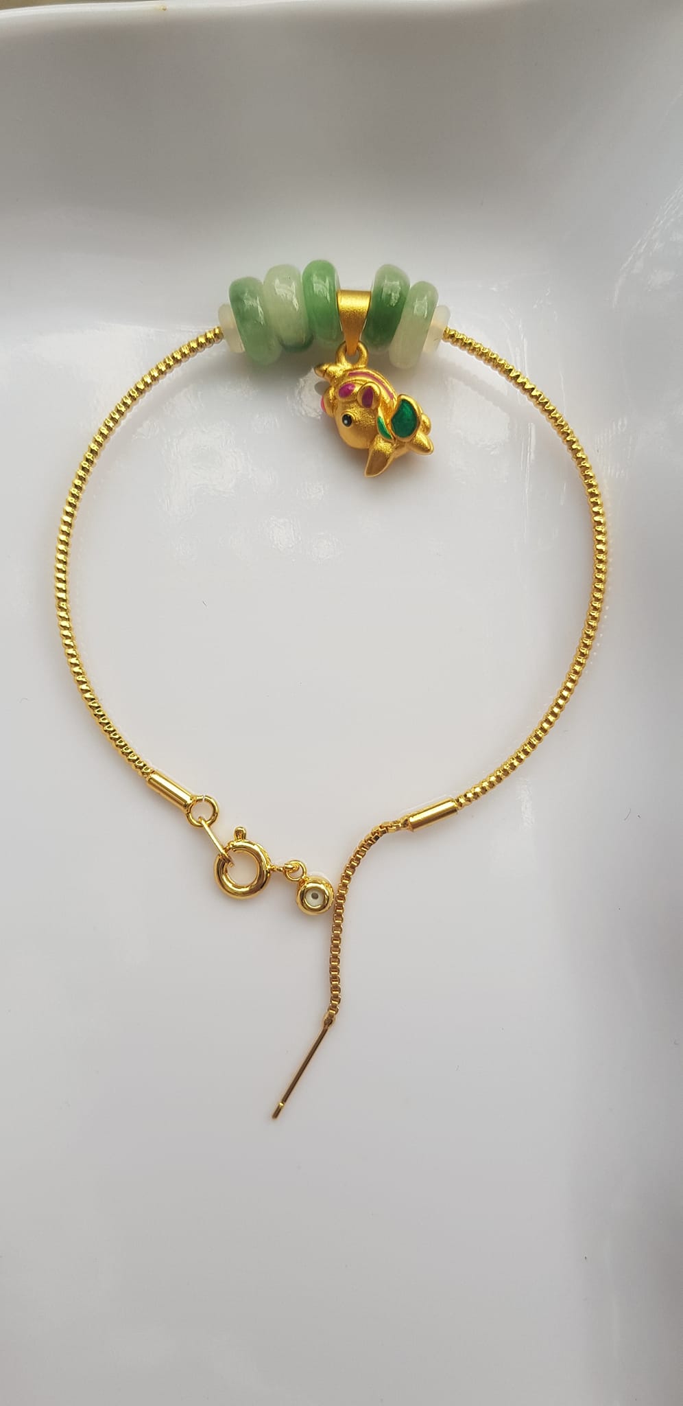 Vòng Tay charm xinh đẹp 5 đồng tiền đá cẩm thạch tự nhiên Đồng tiền Xanh ngọc trắng phối charm chú dê nhỏ may mắn Vòng màu vàng khoen rút xinh Nữ đeo dễ thương ạ