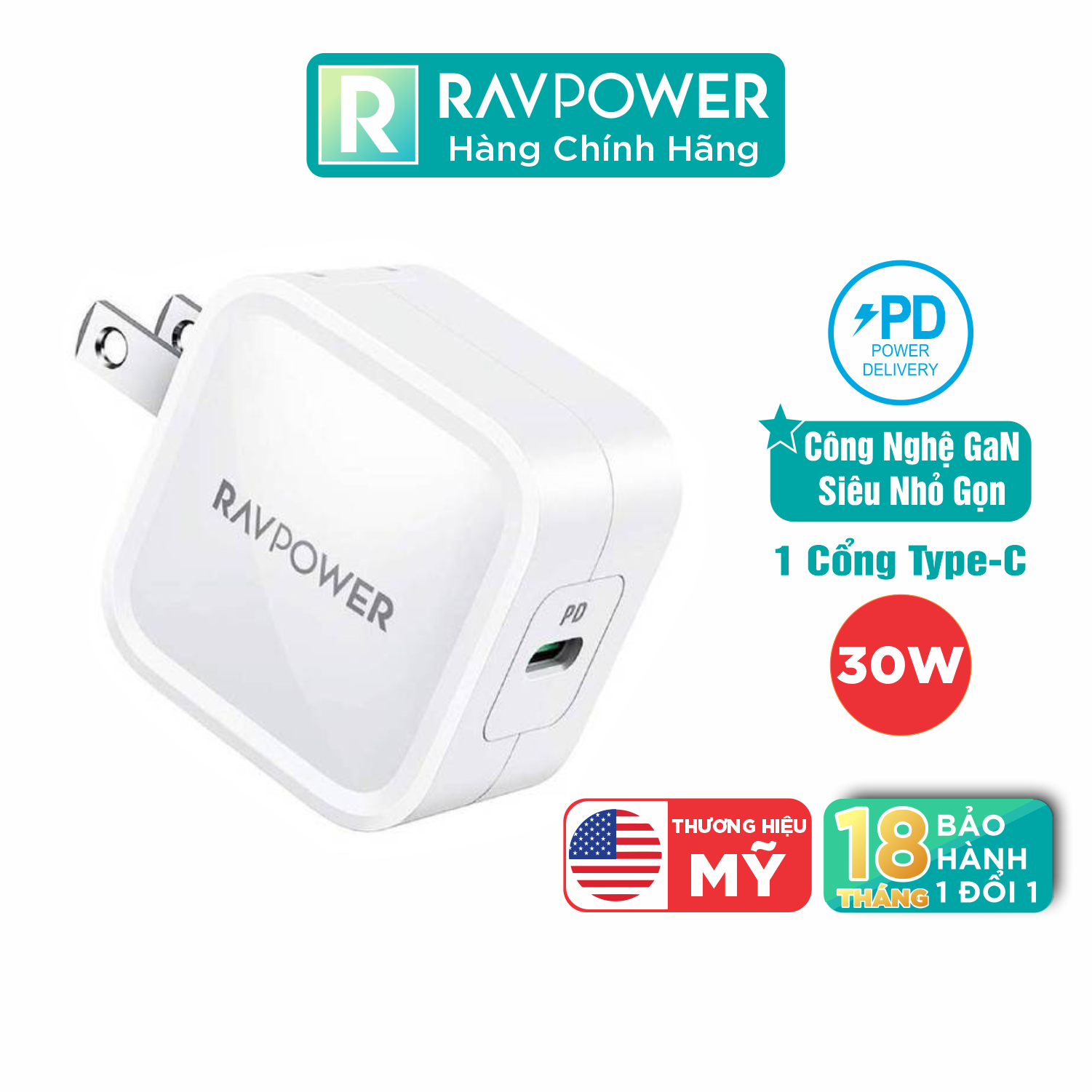 Adapter Sạc 1 Cổng Type-C 30W Công Nghệ GaN Hỗ Trợ Sạc Nhanh PD Power Delivery RAVPower RP-PC120 Với Đầu AC Gập - Hàng Chính Hãng