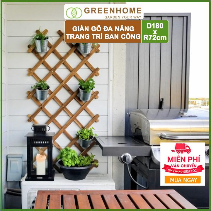 Giàn gỗ treo ban công, R72xC180cm, gỗ tràm siêu bền, màu gỗ, co giản được, làm khung hoa hồng leo, bông giấy |Greenhome