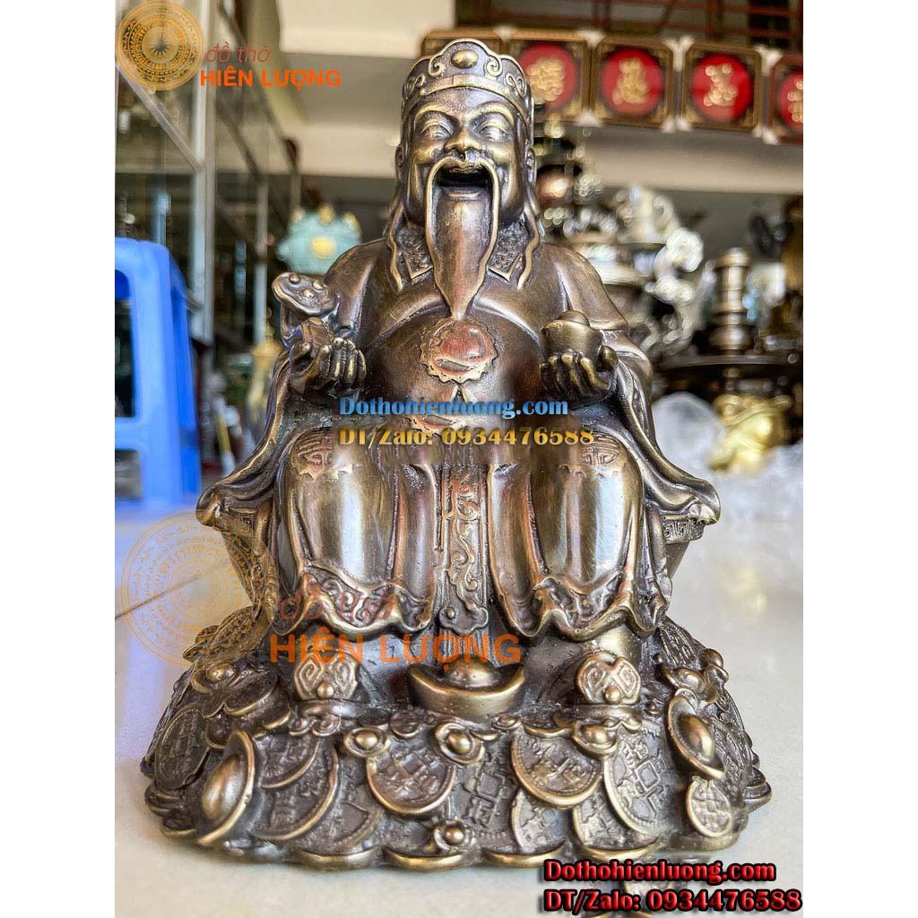 Bộ Tượng Thần Tài - Thổ Địa Ngồi Bệ Tiền Bằng Đồng Màu Nâu Giả Cổ Cao 21cm