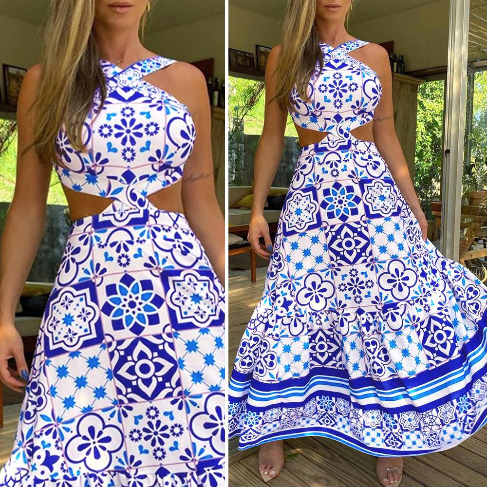 Women Halter Neck Dress Backless Vintage Print Sleeveless Long Dress Beach Holiday