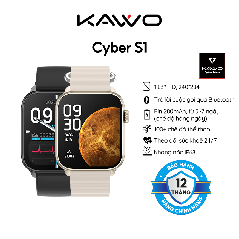 Đồng hồ thông minh KAVVO Cyber S1 | TFT HD 1.83 INCH | Chuẩn kháng nước 68| Bluetooth | 280mAh - Bảo hành 12 tháng