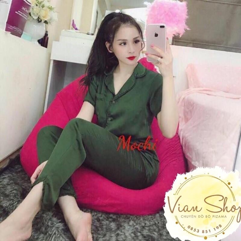 Bộ đồ pijama lụa, bộ lụa cộc tay quần dài viền bèo nơ túi xinh xắn