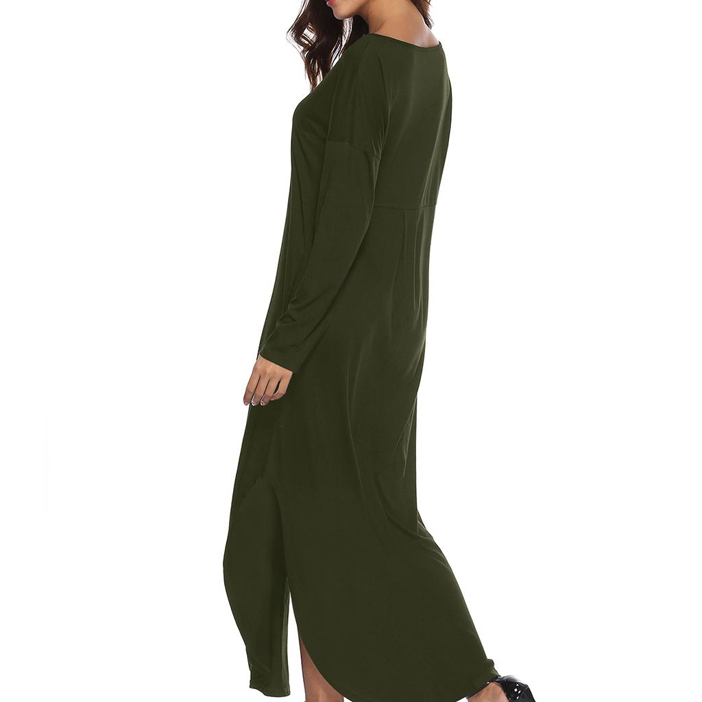 Women's V Neck Long Sleeve Side Pocket Split Beach Loose Long Maxi Dress