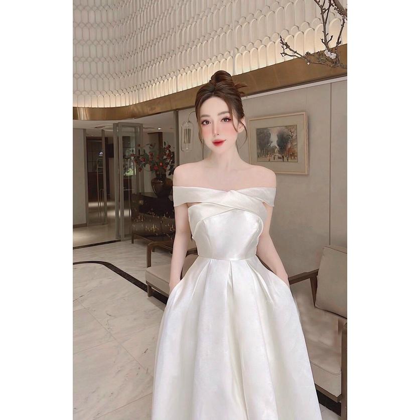 Đầm váy nữ trễ vai đan chéo với 2 màu truyền thống xinh xắn, sang trọng thích hợp cho các nàng đi dự tiệc
