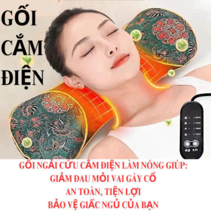 Gối Ngải Cứu Điện Làm Nóng MassageVai Gáy Cổ Hương Thơm Tự Nhiên Từ Thảo Dược Giảm Đau Mỏi