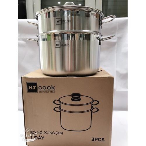 Bộ nồi và xửng hấp inox 430 bếp từ 1 đáy HT COOK 28cm nắp kính dùng được bếp từ