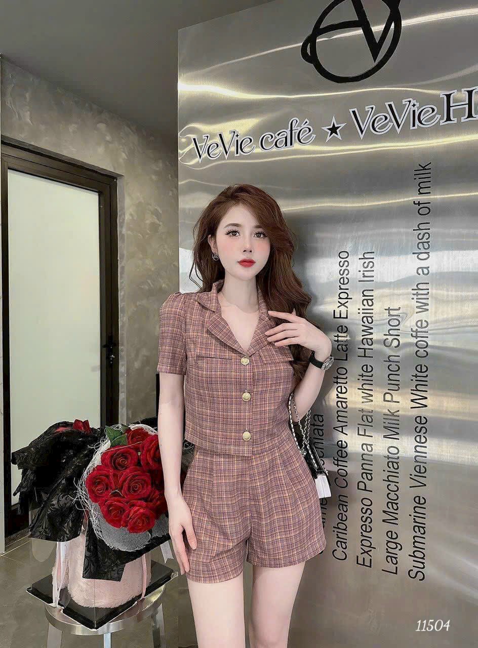 Set bộ vest cotton lụa dày sọc nữ quần ngắn mặc nhà dạo phố trẻ trung